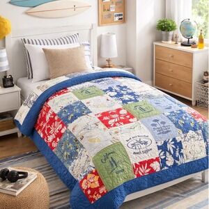Pottery Barn Kids Quilt Twin Blue Surf Patchwork Tropical Hawaiian Coastall